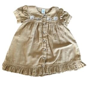 kate quinn Mustard Button-Front Ruffle Dress with Embroidered Yoke SZ 2T Cotton